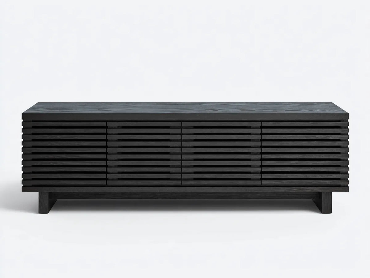Meuble TV bas en bois 180×42×60 cm - noir - salon contemporain à lattes horizontales