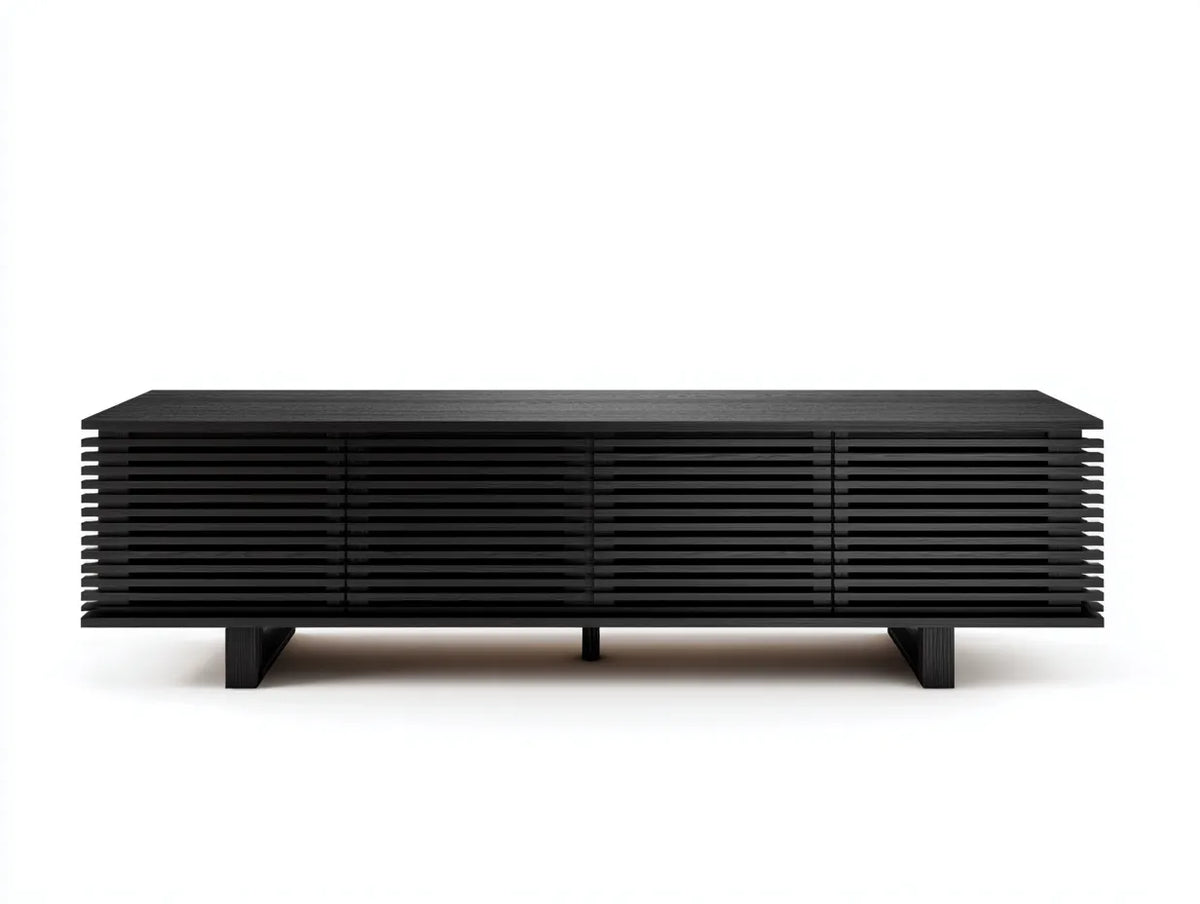 Meuble TV en bois 180×40×48 cm - noir - design à lattes pour salon