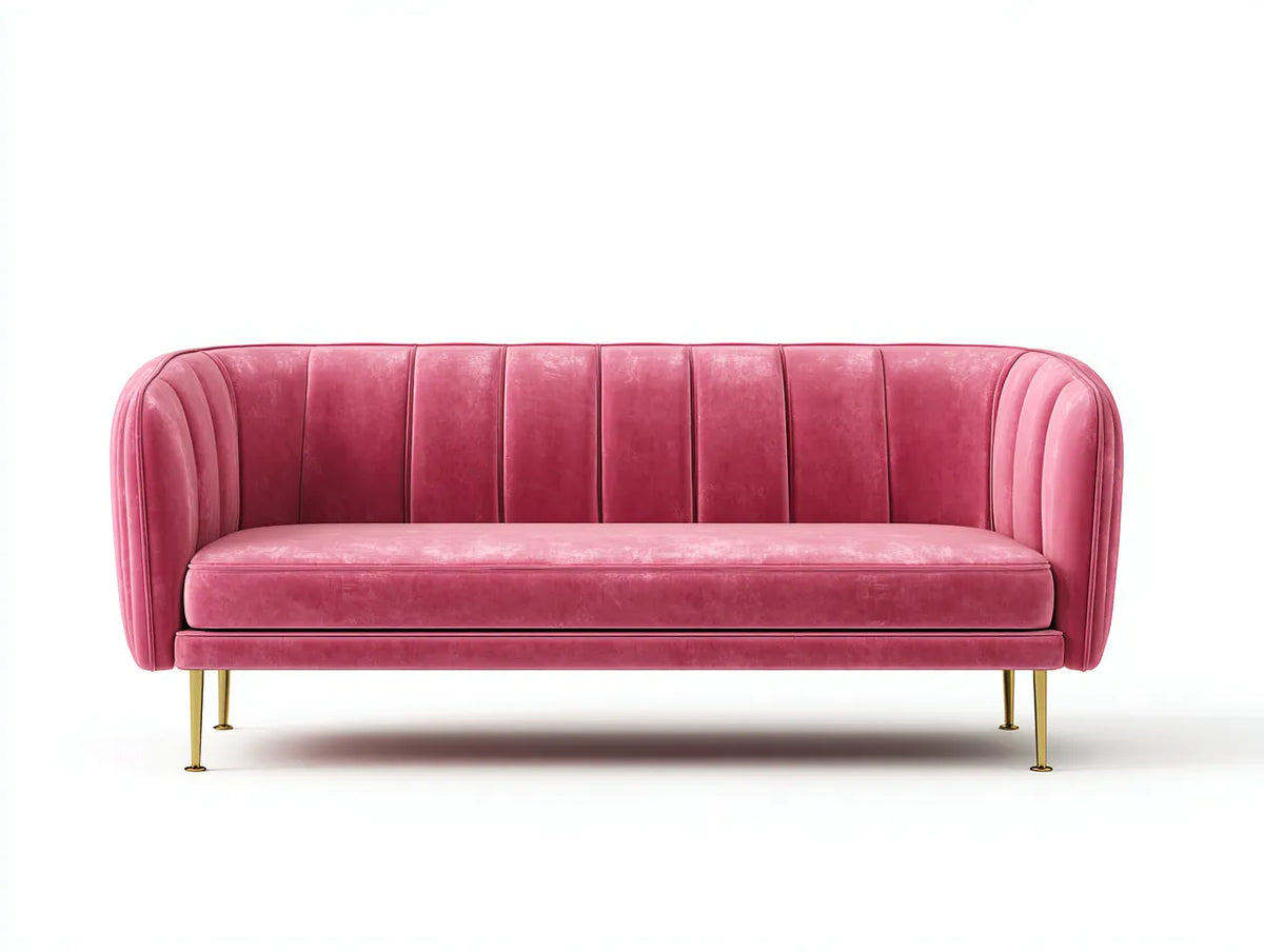 Canapé 2 places 188×86×80 cm – tissu rose et doré – dossier enveloppant contemporain