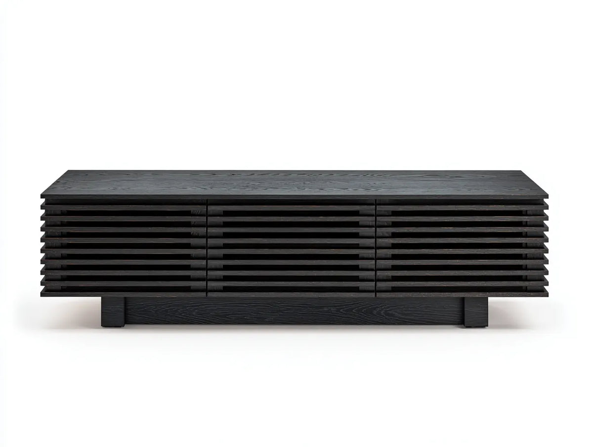 Meuble TV bas 170×42×52 cm – bois noir – façade à lames horizontales