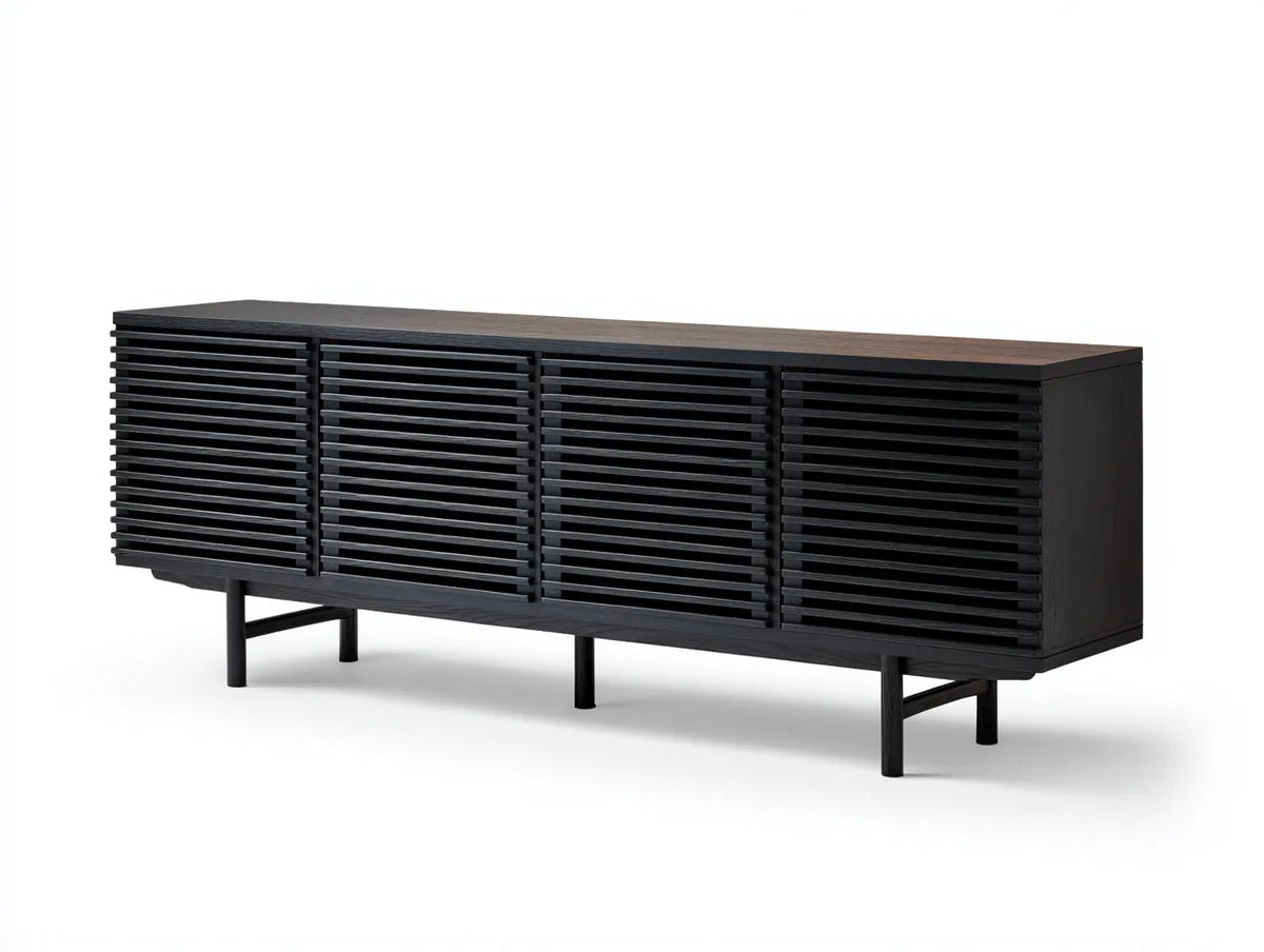 Meuble TV 180×42×62 cm – bois noir – façade ajourée contemporaine