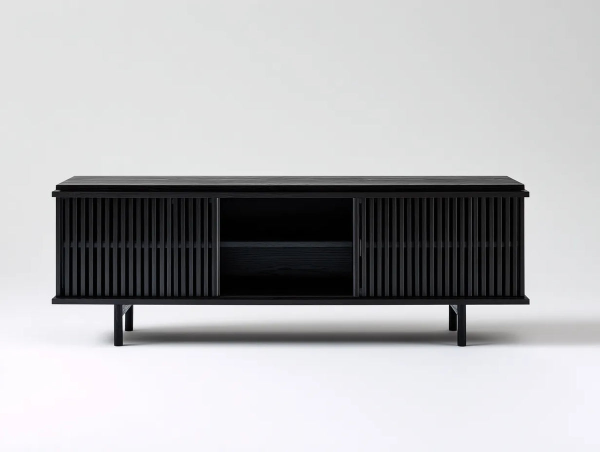 Meuble TV bas 160×40×60 cm – bois noir – rangement ajouré contemporain