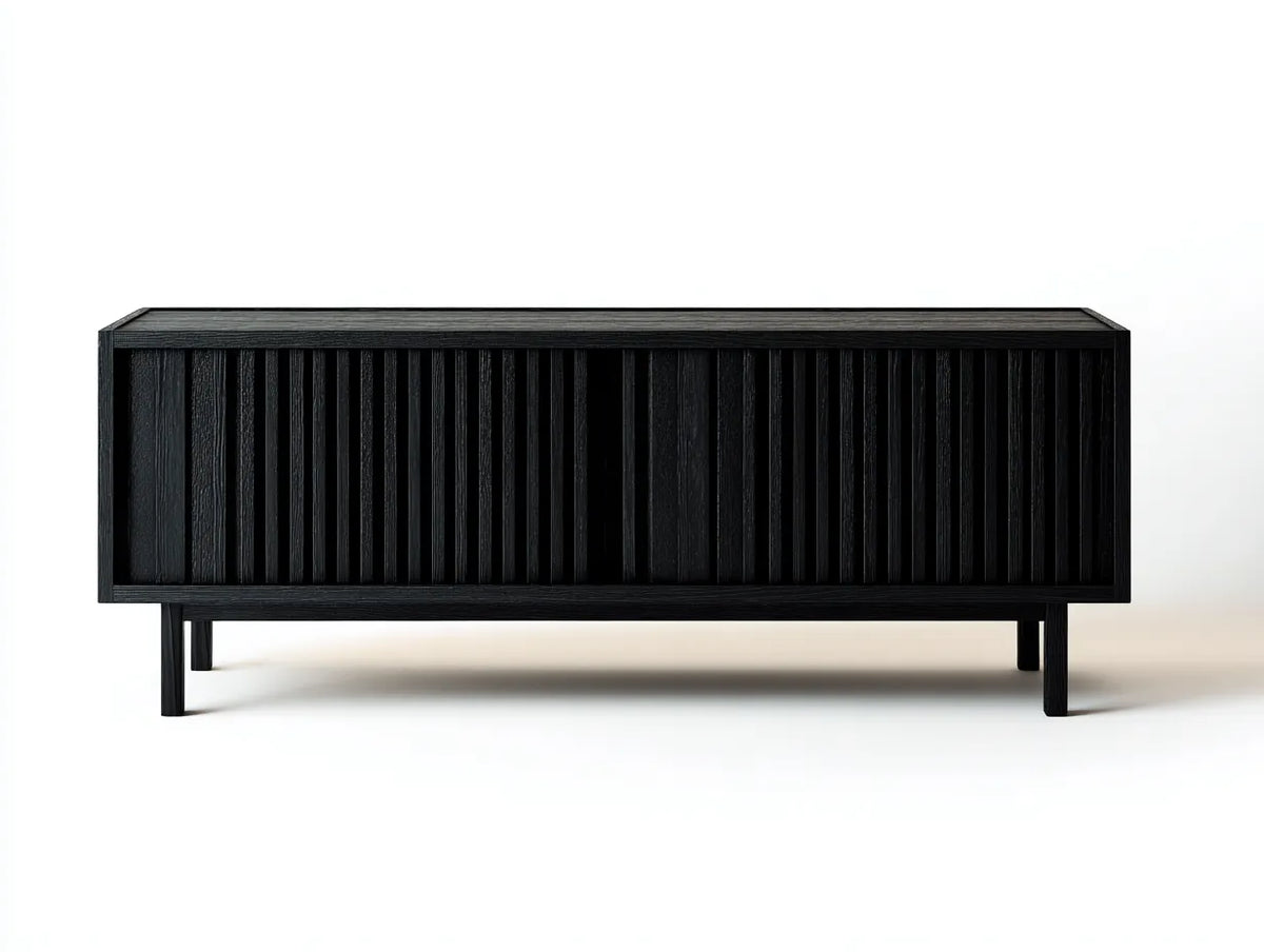 Meuble TV en bois 160×40×50 cm - noir - design à lattes pour salon